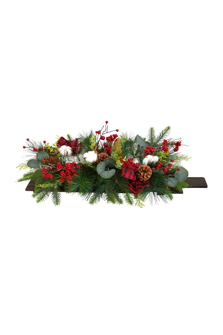24-in Holiday Berries, Pinecones and Eucalyptus Christmas Artificial Arrangement Cutting Board Wall Décor or Table Arrangement, Main, color, Green
