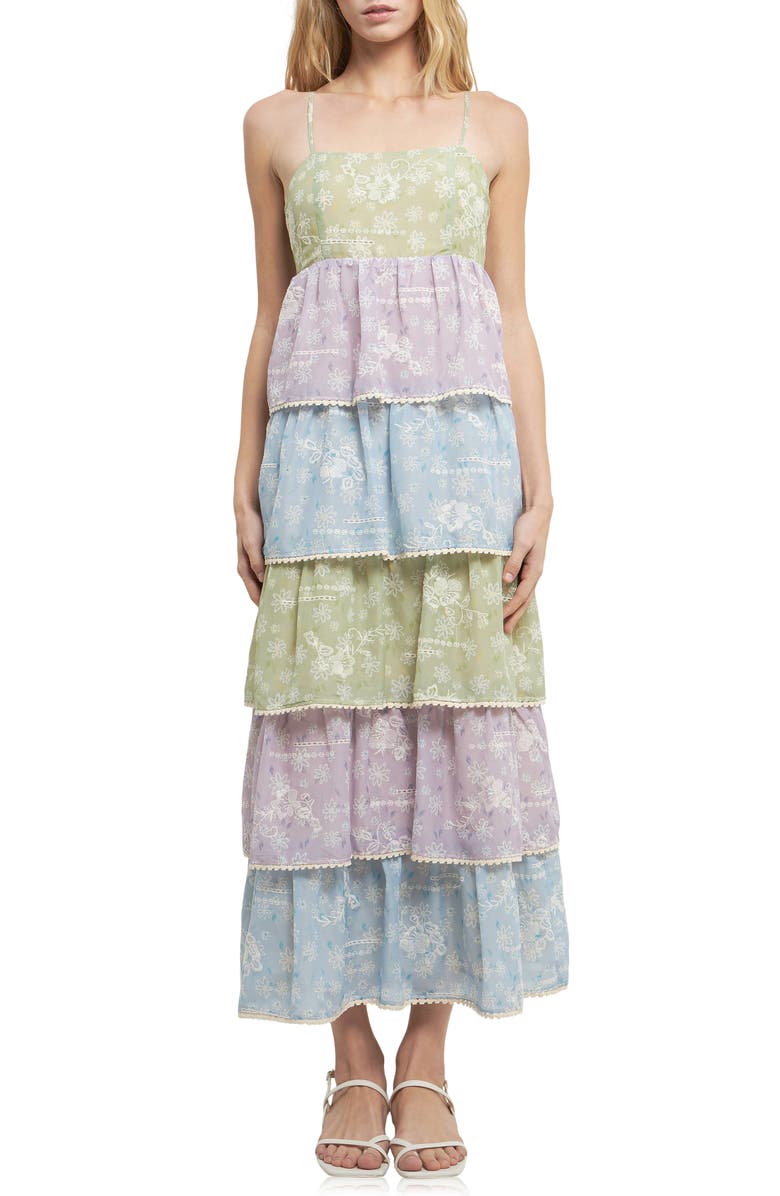 English Factory Floral Tiered Maxi Dress, Main, color, Green Multi
