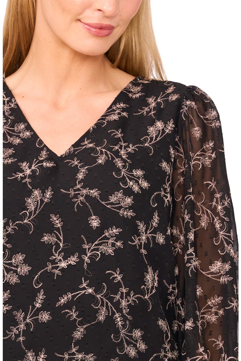 Floral Clip Dot Smocked Cuff V-Neck Top, Alternate, color, RICH BLACK