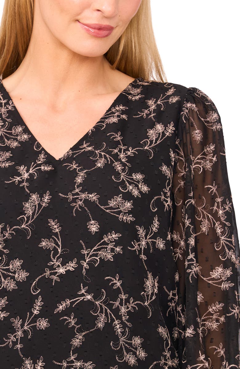 CeCe Floral Clip Dot Smocked Cuff V-Neck Top, Alternate, color, 