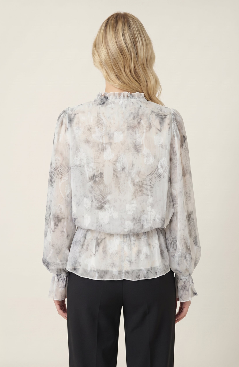 Modenaire Sheer Printed Ruffle Neck Blouse, Alternate, color, White
