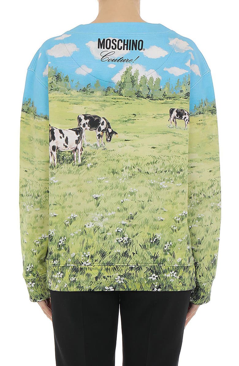 Moschino Countryside Cow Print Cotton Sweatshirt, Alternate, color, 