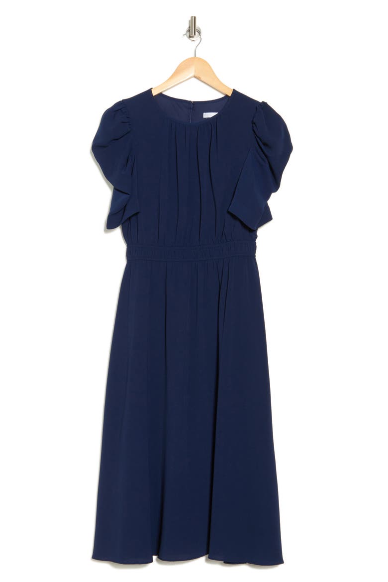 Ruched Bubble Sleeve Midi Dress, Alternate, color, NAVY