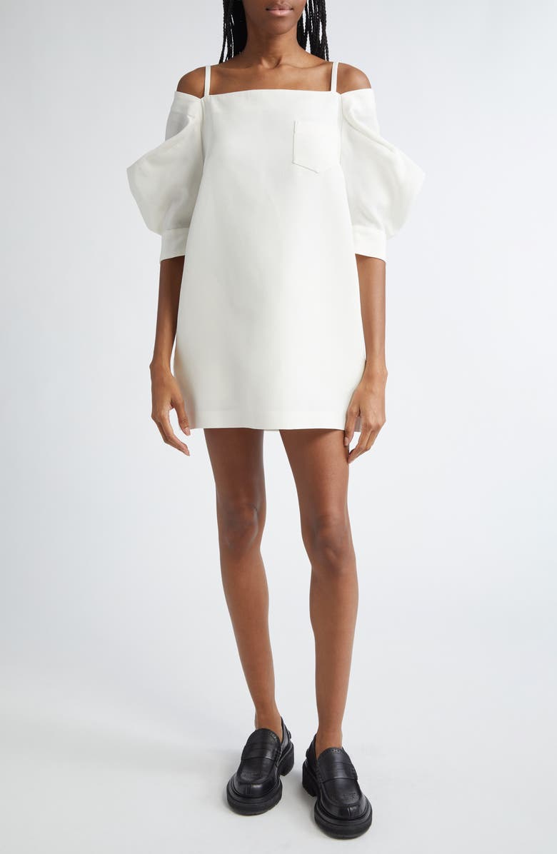 Sacai Cold Shoulder Silk & Cotton Double Face Shift Dress, Main, color,