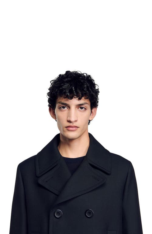 Sandro Wool Blend Pea Jacket In Navy Blue