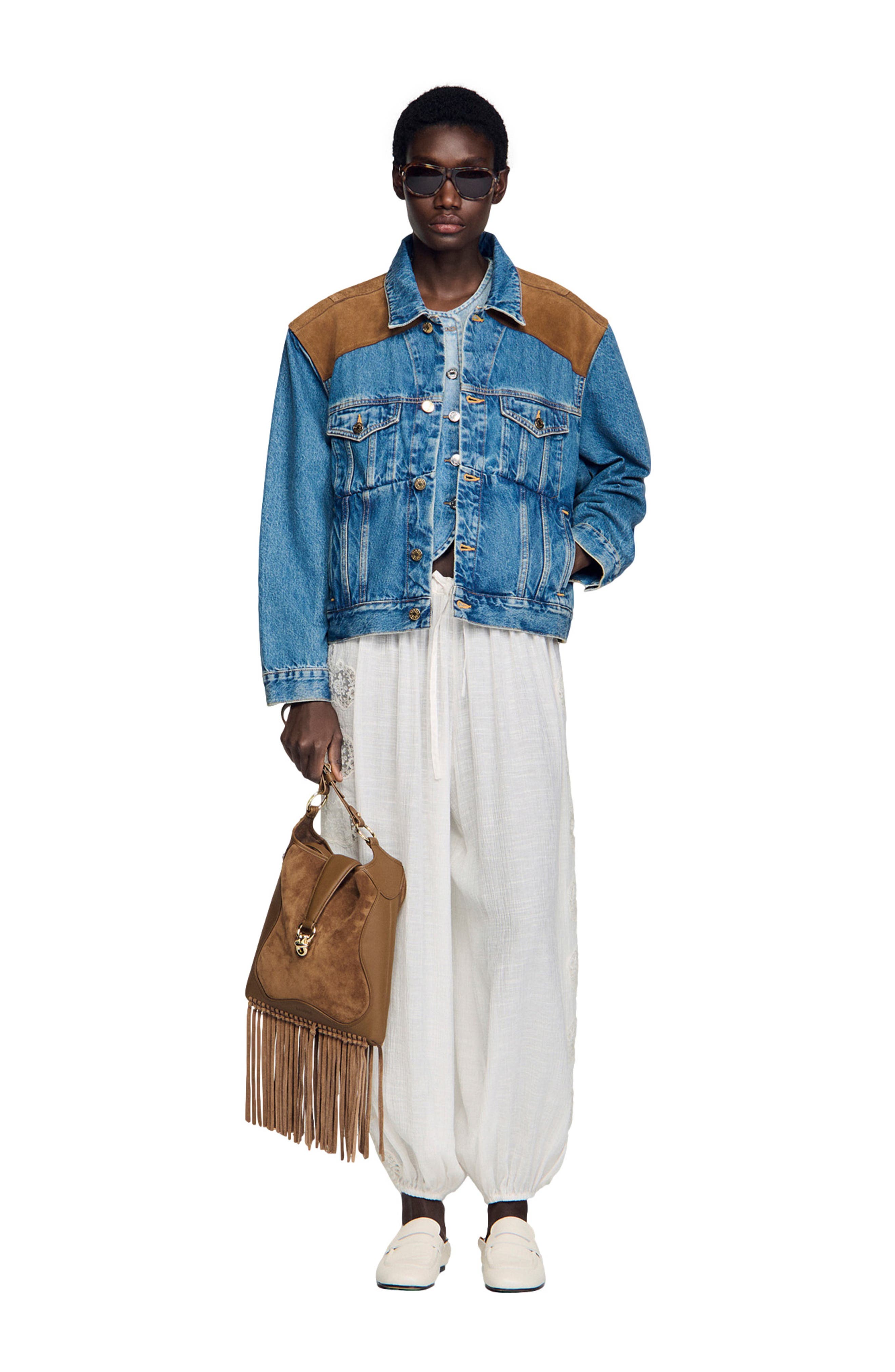 SANDRO Leather and suede fringe bag, Alternate, color, Camel