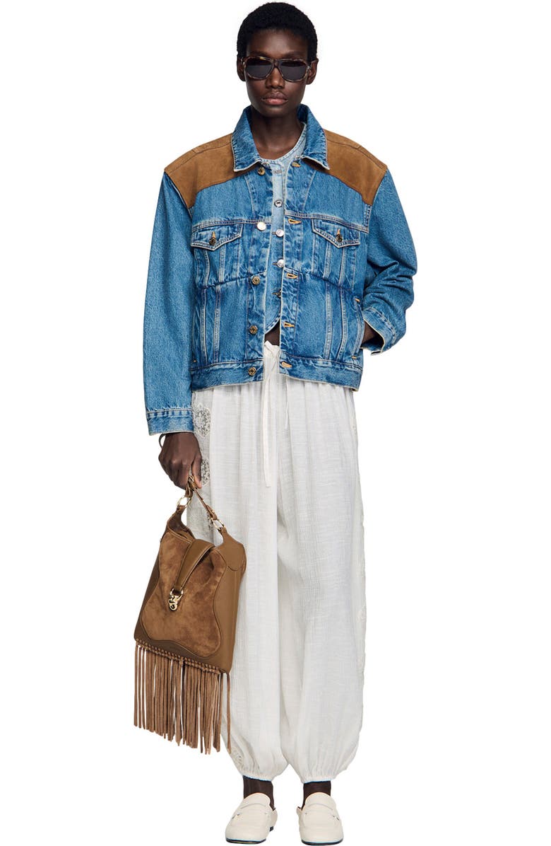 SANDRO Leather and suede fringe bag, Alternate, color, Camel