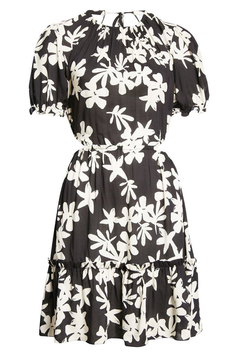 Sea Floral Open Back A-Line Dress, Alternate, color, BLACK