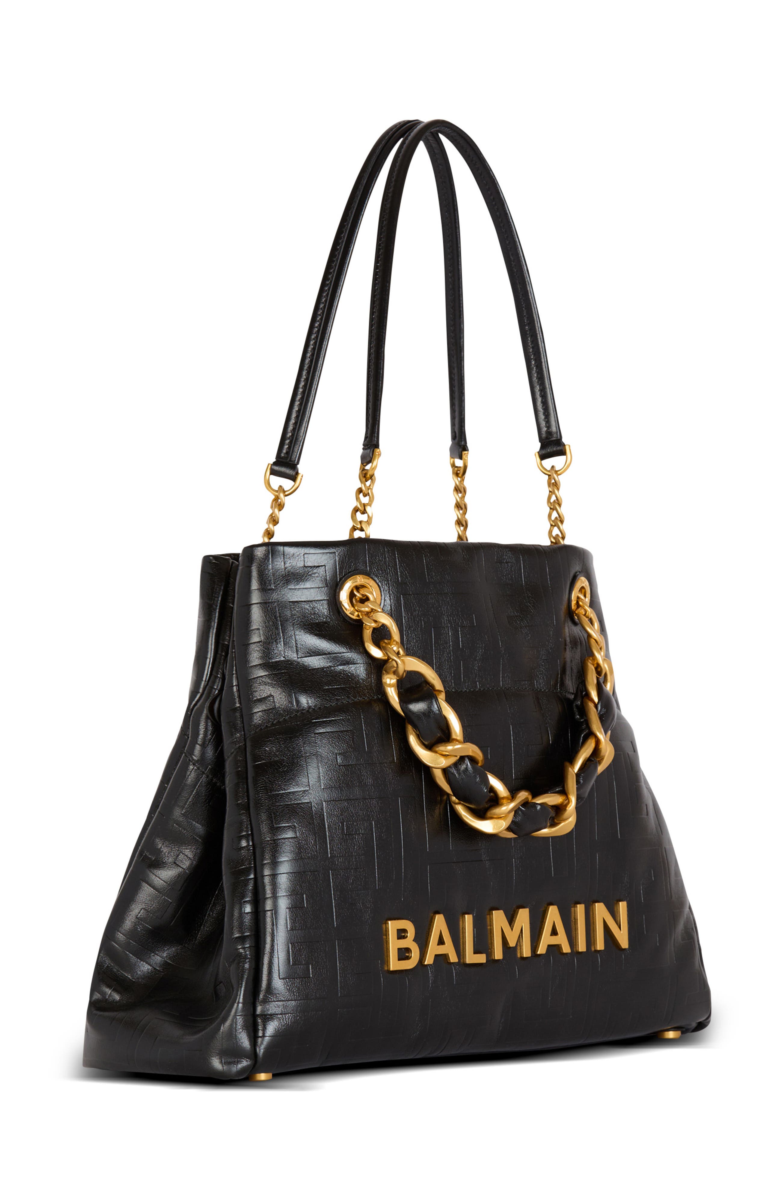 Balmain 1945 Soft crackled leather tote bag, Alternate, color, Black