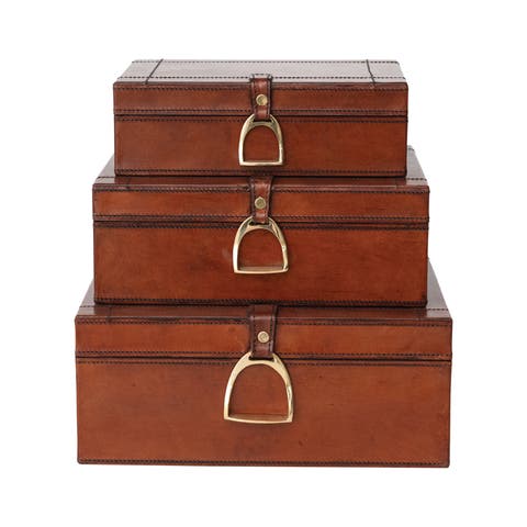 3-Piece Reclaimed Wood and Leather Nesting Boxes with Brass Closures and Flocked Interior, Gold Finish and Cognac Color