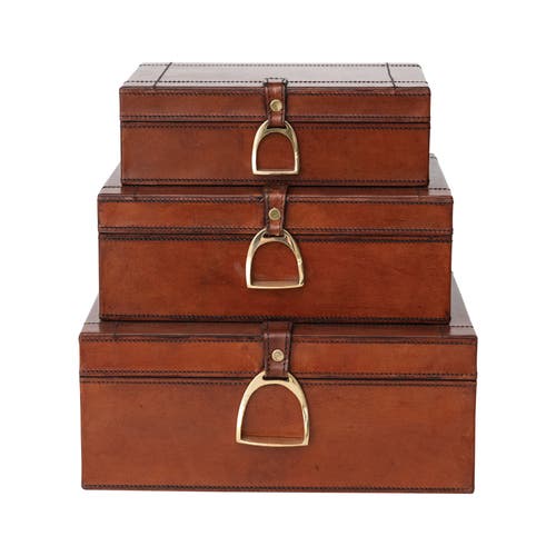 Storied Home 3-piece Reclaimed Wood And Leather Nesting Boxes With Brass Closures And Flocked Interi In Brown