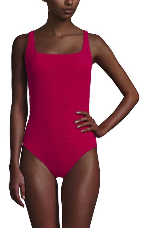 Womens Boucle Square Neck Scoop Back One Piece Swimsuit