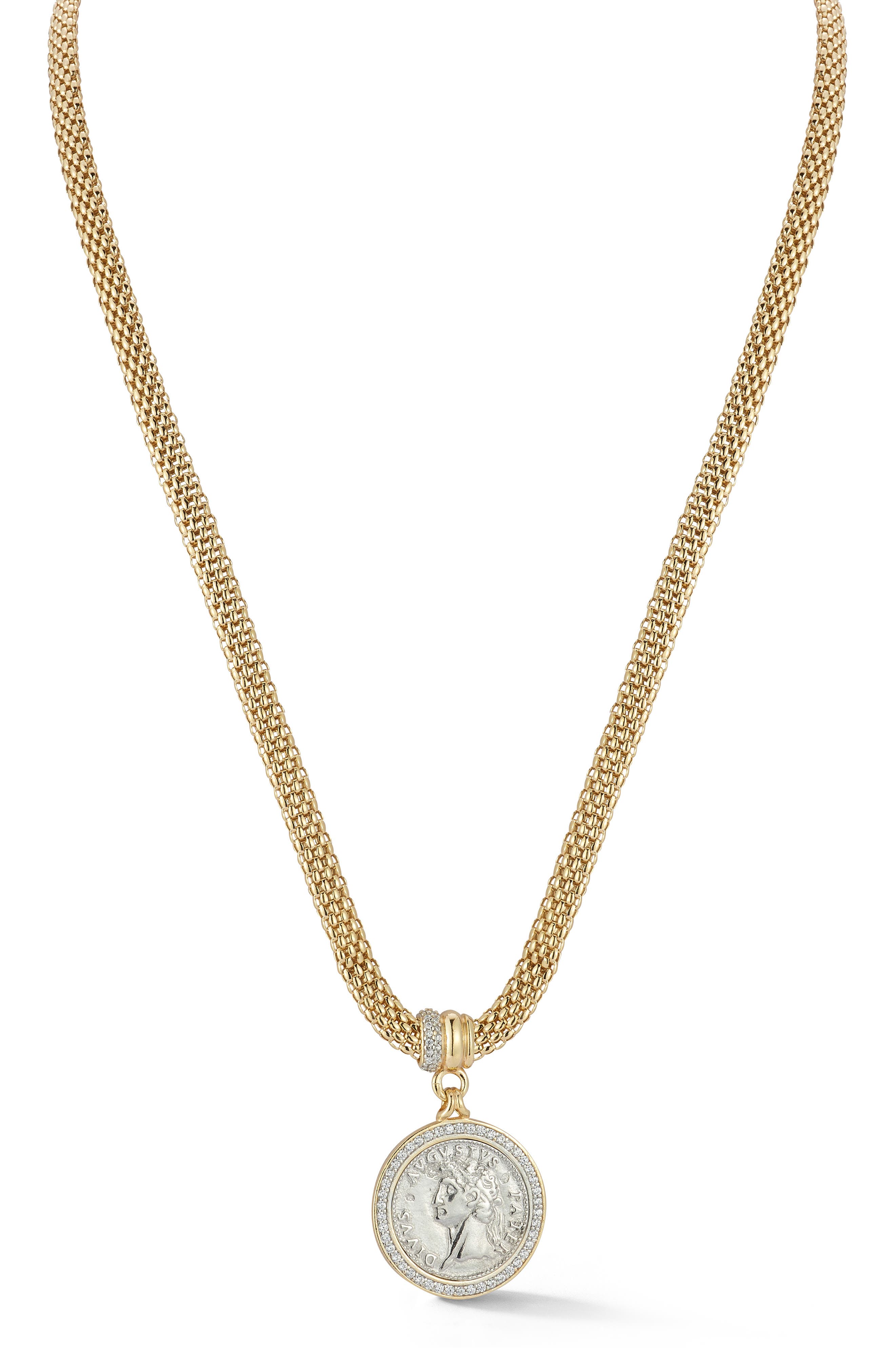 Sphera Milano Pavé Coin Pendant Popcorn Chain Necklace In Gold