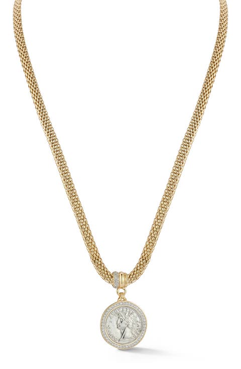 Pavé Coin Pendant Popcorn Chain Necklace