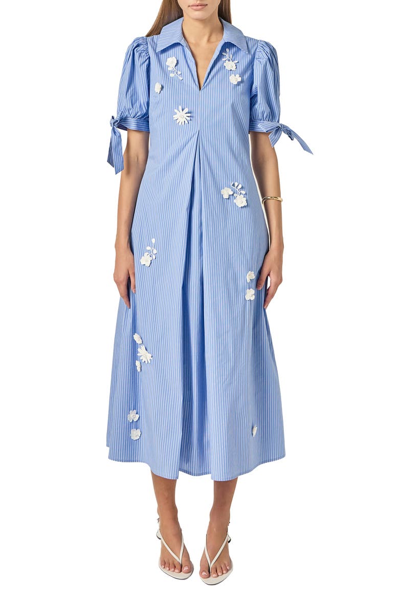 Flower Trim Striped Midi Dress, Main, color, BLUE STRIPE