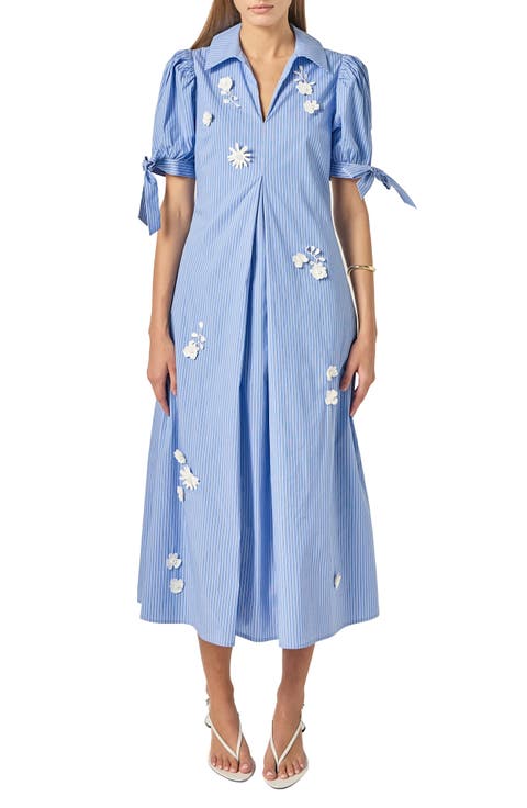 Flower Trim Striped Midi Dress