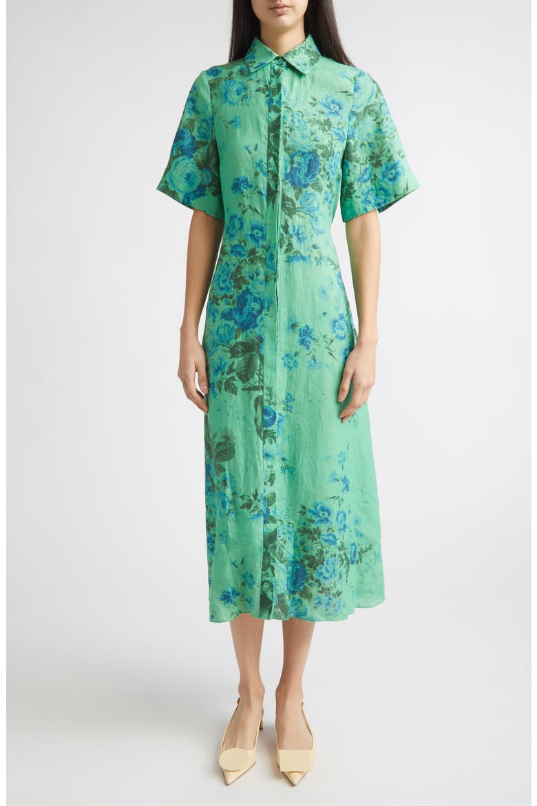 Floal Print Tie Waist Linen Shirtdress, Main, color, ROSE BOUQUET SEA GREEN