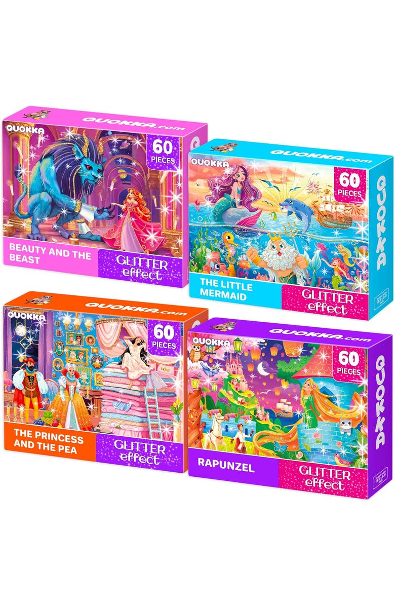 Quokka 4x60 Pcs Glitter Effect Puzzles for Kids, Main, color, Glitter Princesses