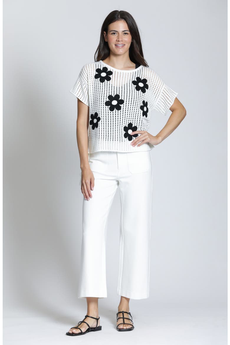 Floral Appliqué Open Stitch Sweater, Alternate, color, BLACKWHITE
