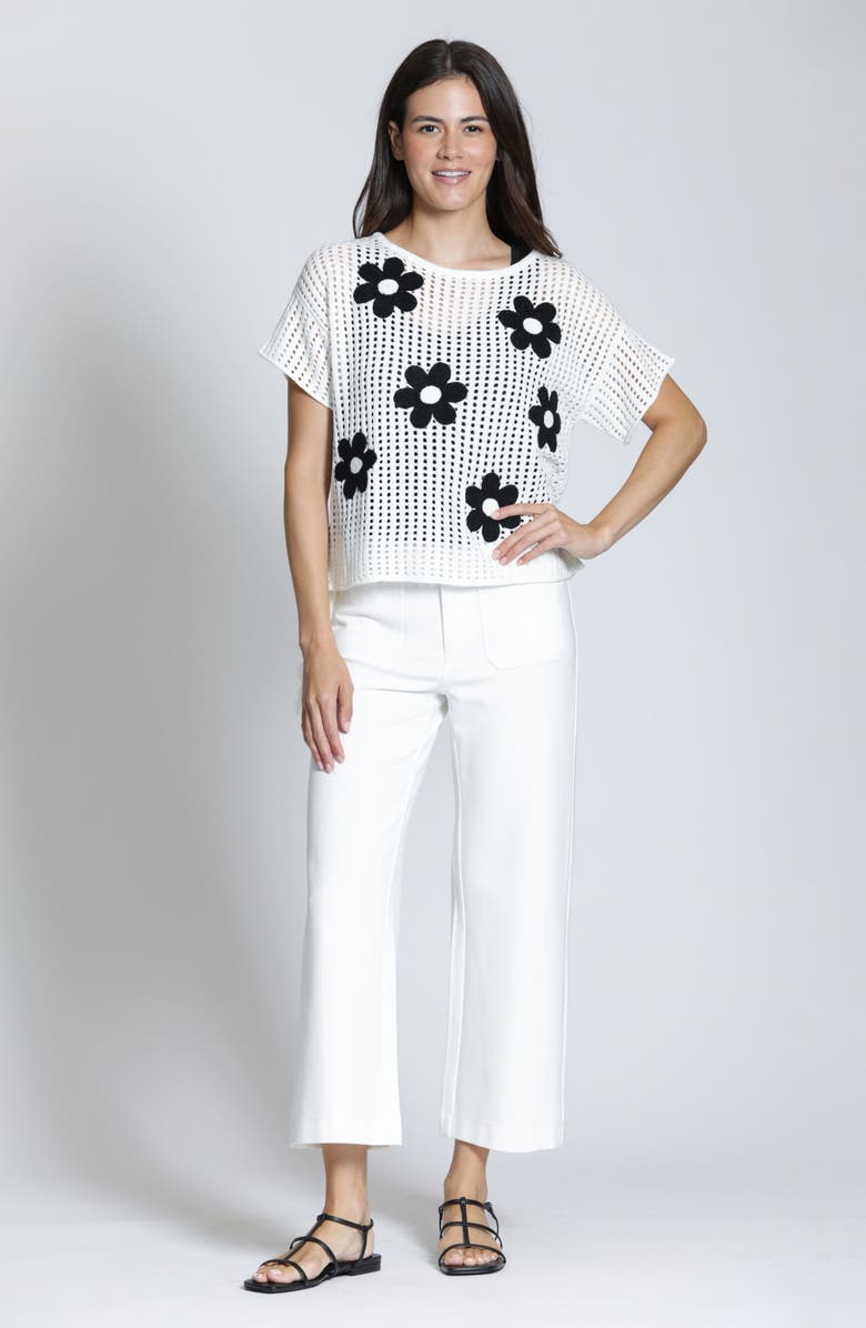 APNY Floral Appliqué Open Stitch Sweater, Alternate, color, Blackwhite