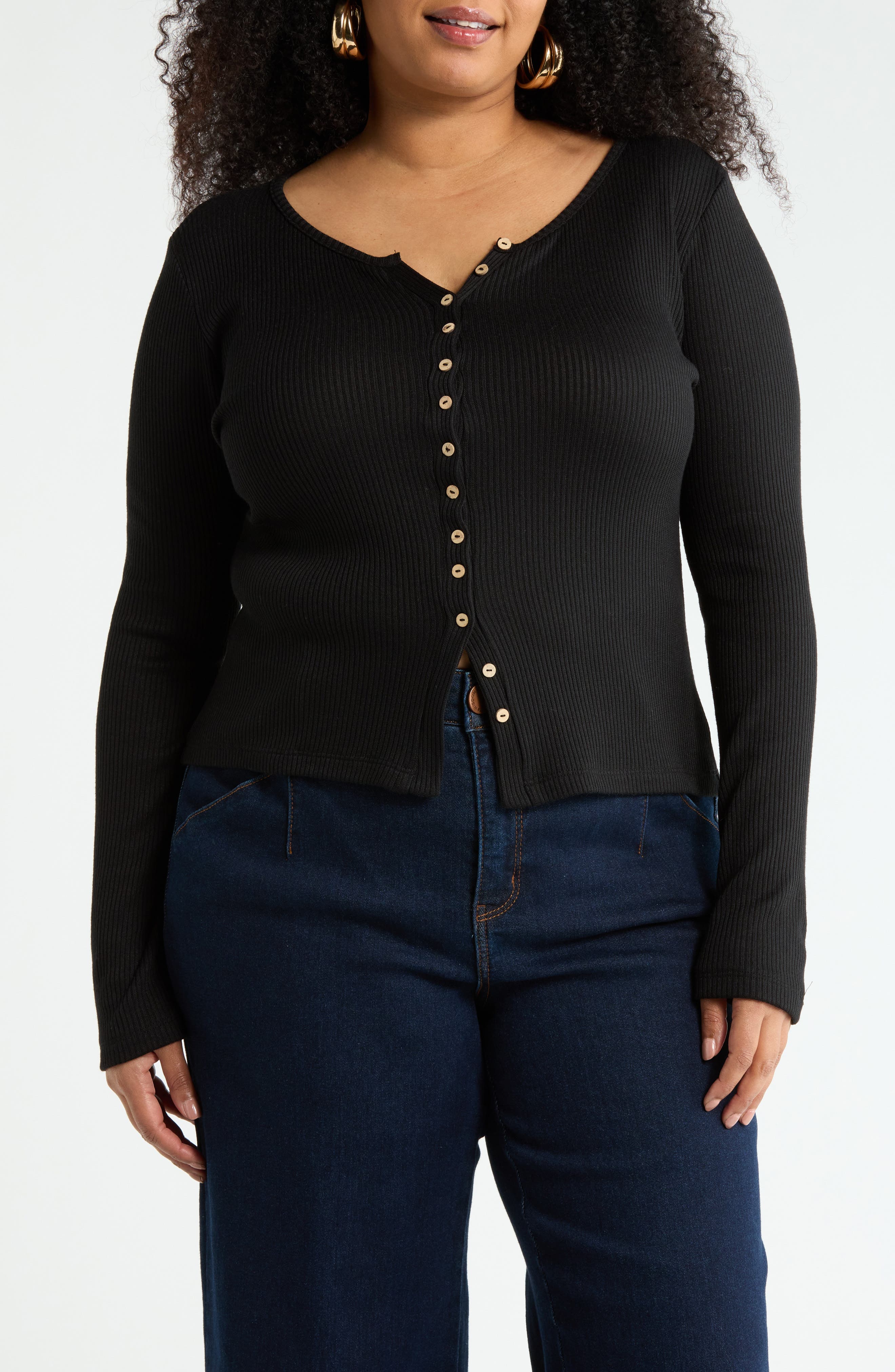 Renee C Button Detail Ribbed Top