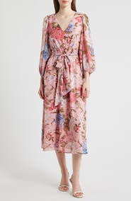 Anne Klein Floral Print Tie Waist Midi Dress