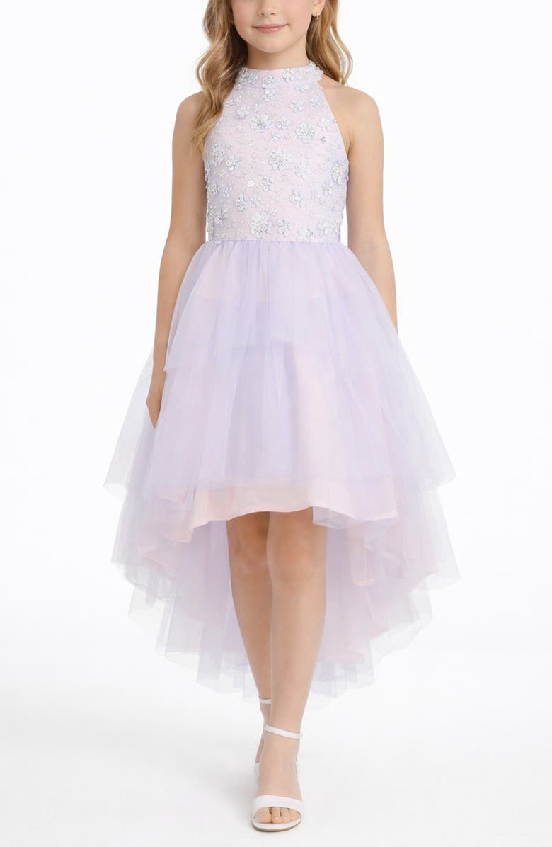 Zunie Kids' Sequin Embellished Bodice High-Low Mesh Skirt Party Dress, Alternate, color, Blue/ Pink