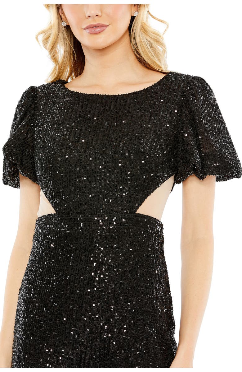 Mac Duggal Sequined Puff Shoulder Illusion Cut Out Jumpsuit, Alternate, color, Black