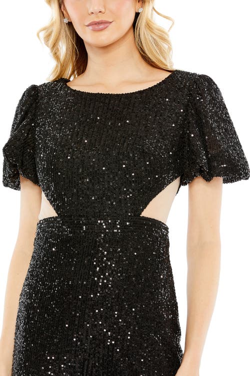 Mac Duggal Sequined Puff Shoulder Illusion Cut Out Jumpsuit In Animal Print