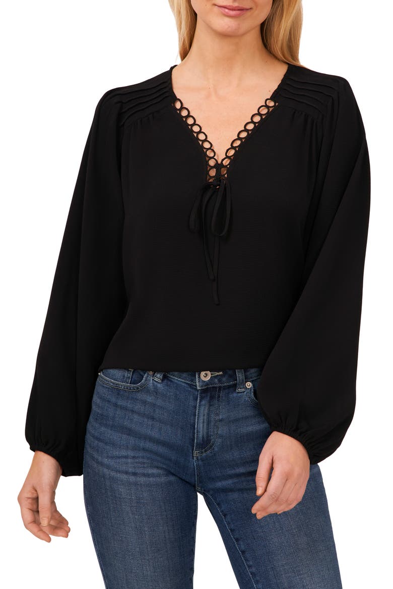 Circle Trim Pintuck Top, Main, color, RICH BLACK