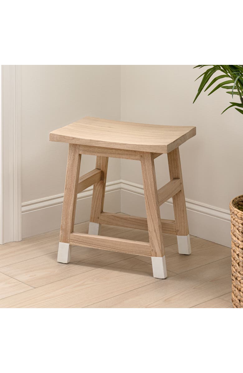 JONATHAN Y Finesse Classic Casual Handcrafted Solid Mindi Wood Accent Stool with Tipped Legs, Alternate, color, Natural/White