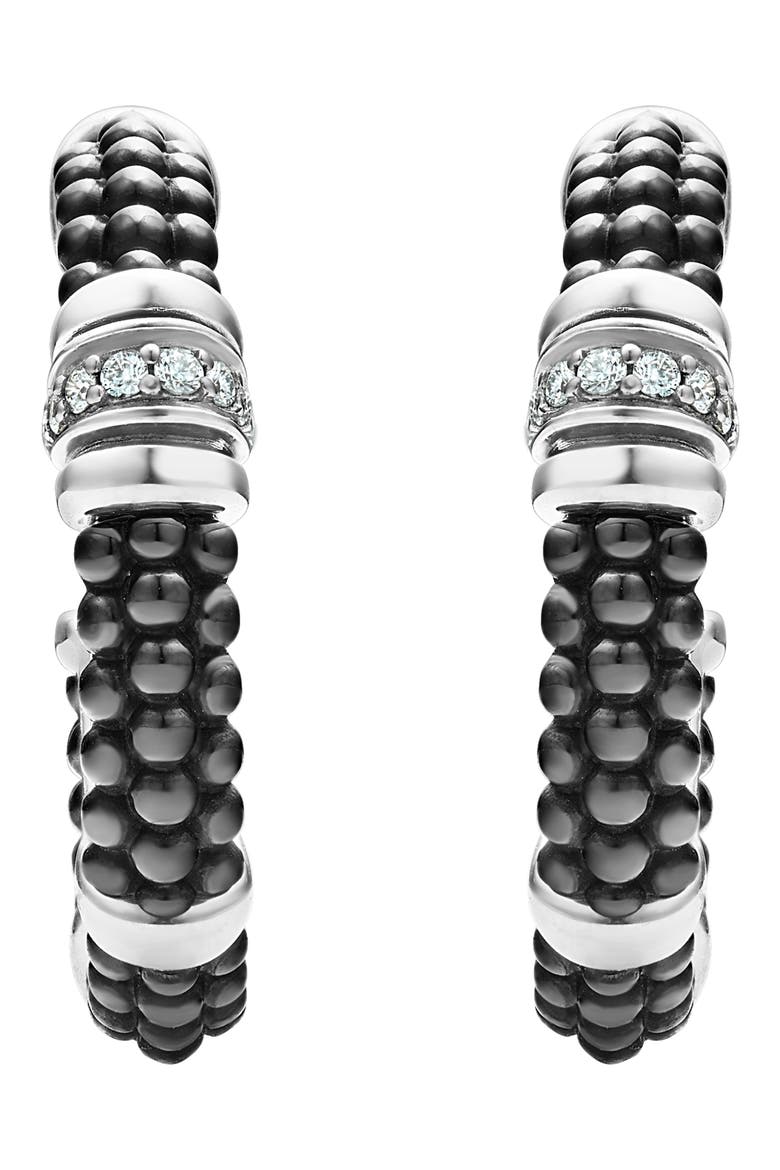 Black Caviar Diamond Hoop Earrings, Alternate, color, SILVER/ BLACK CERAMIC/ DIAMOND