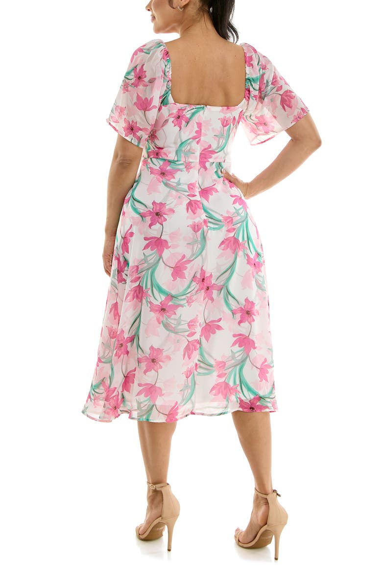 Flutter Sleeve Sweetheart Midi Dress, Alternate, color, PINK RIBBON MULTI