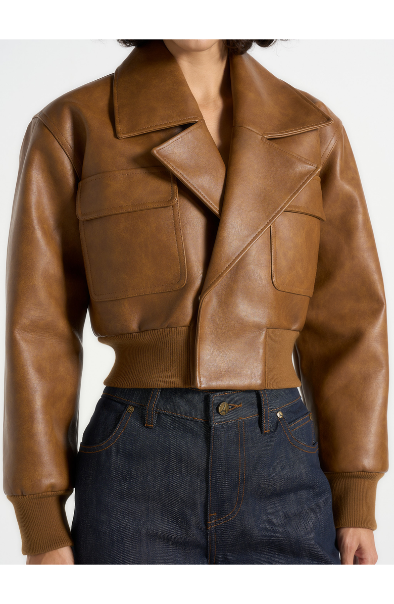 Manière De Voir Cosette Vintage Leather Lapel Bomber Jacket, Alternate, color, Brown