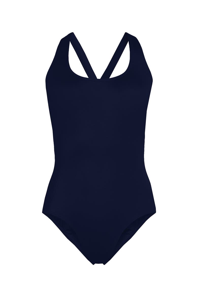 Chlorine Resistant Scoop Neck X-Back High Leg Soft Cup Tugless Sporty One Piece Swimsuit, Alternate, color, Deep Sea Navy