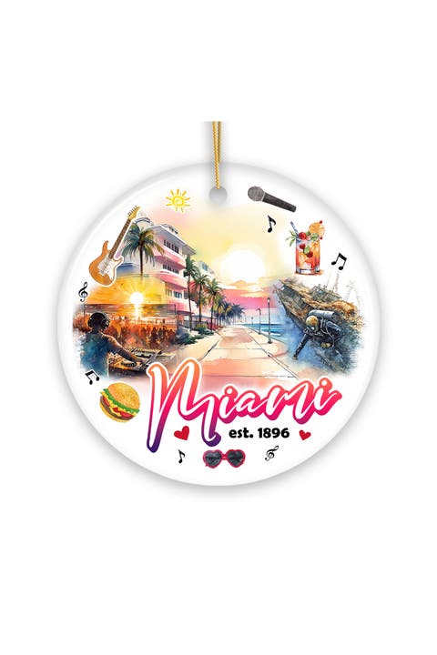 Miami Sunset Beach Watercolor Ceramic Ornament