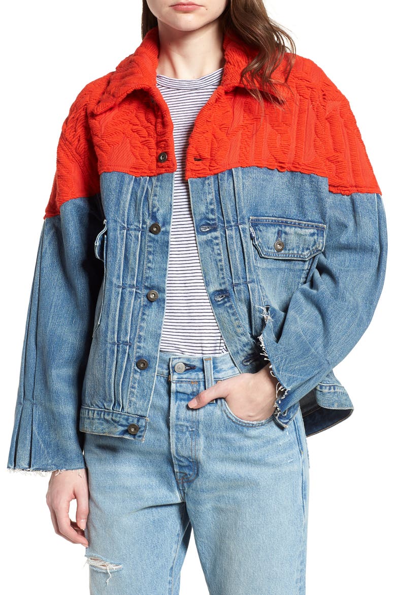 Native Mixed Media Trucker Jacket, Main, color, NATIVE BLUES