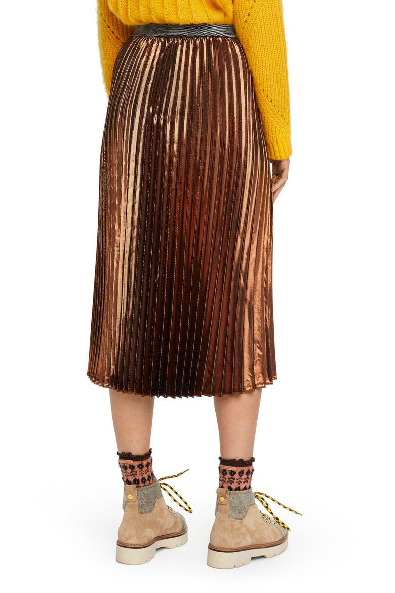 Metallic Pleated Midi Skirt, Alternate, color, BRONZE
