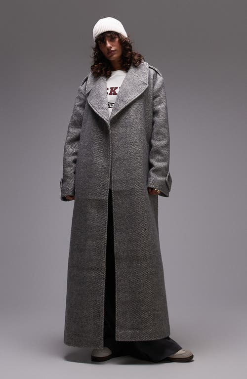 Topshop Longline Belted Herringbone Coat in Grey 