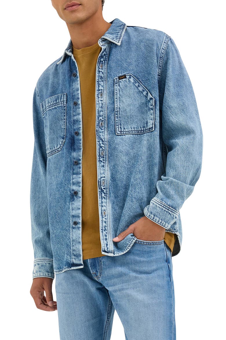 Engineer Cotton & Lyocell Denim Button-Up Overshirt, Main, color, BLUE MEADOW WASH