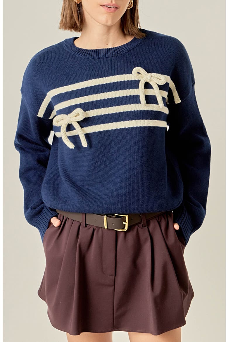 Bow Striped Cotton Rib Sweater, Main, color, NAVYOFFWHITE
