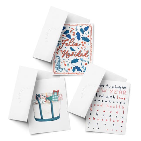 Feliz Navidad, Tote With Presents, Cheers to a Bright New World Winter/Holiday/Christmas Greeting Card Pack Sets (3 ct, Assorted)