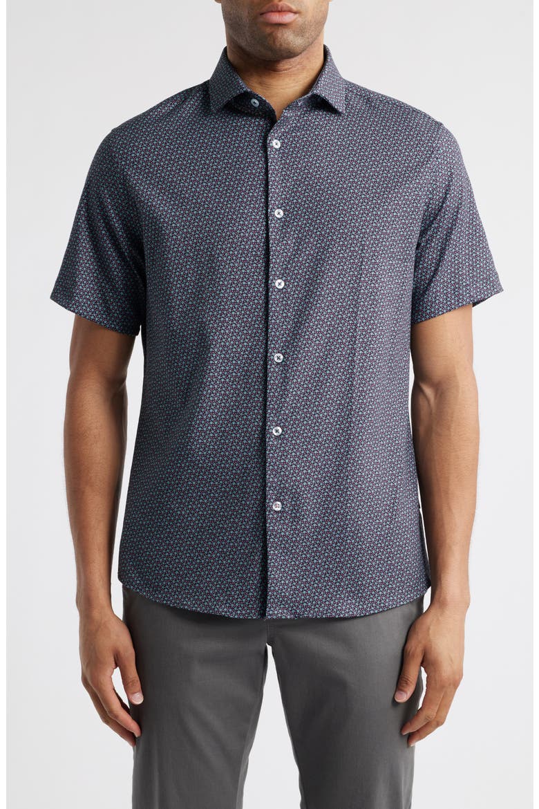 Artisanal Trim Fit Floral Geo Print Short Sleeve Cotton & Lyocell Button-Up Shirt, Main, color, DARK NAVY