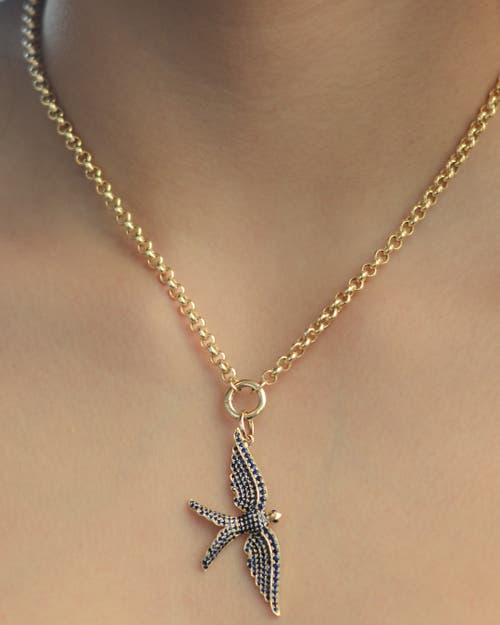 LIONHEART LIONHEART 14K GOLD WINGS OF LOVE SAPPHIRE SWALLOW CHARM ROLO NECKLACE 