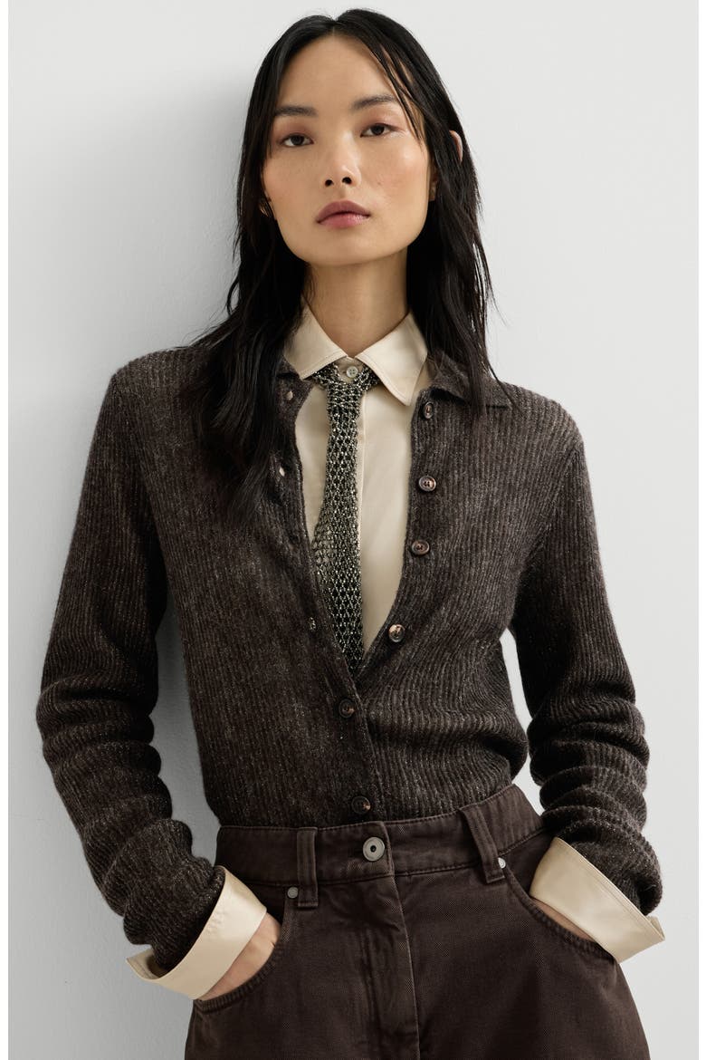 Sparkling silk, alpaca and wool rib knit cardigan, Alternate, color, Anthracite
