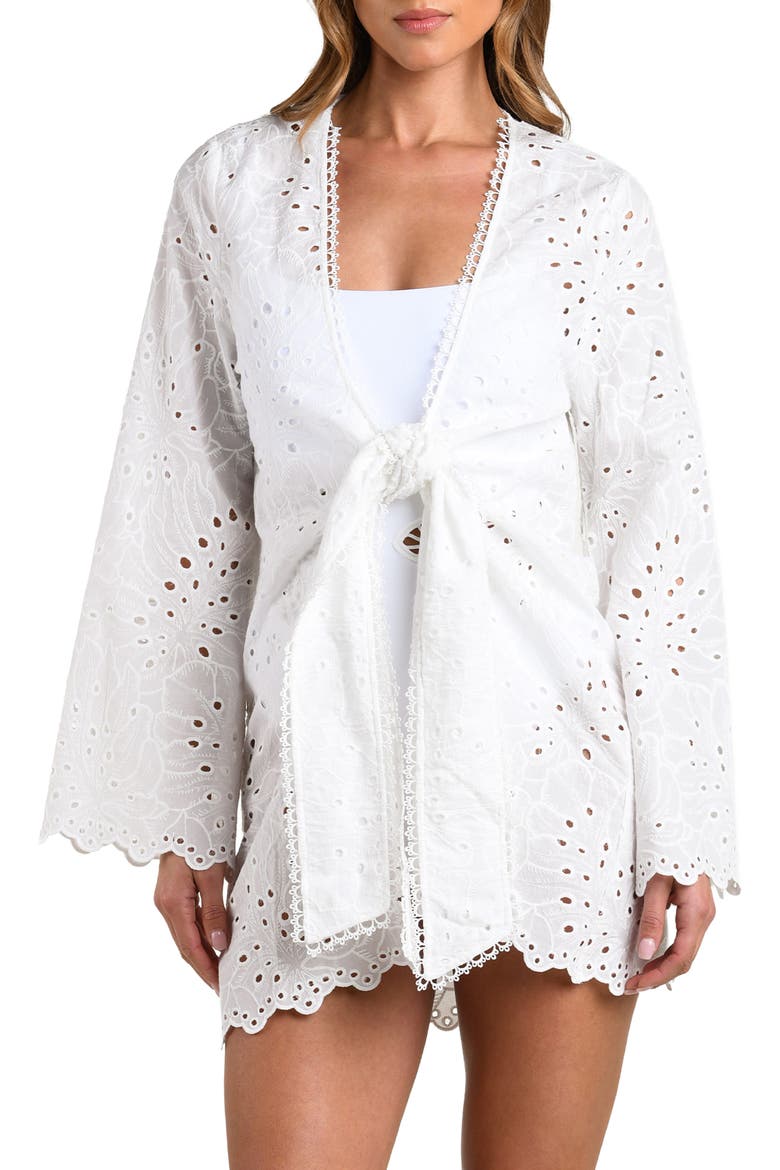 Monstera Eyelet Cove Long Sleeve Cotton Cover-Up, Main, color, WHITE