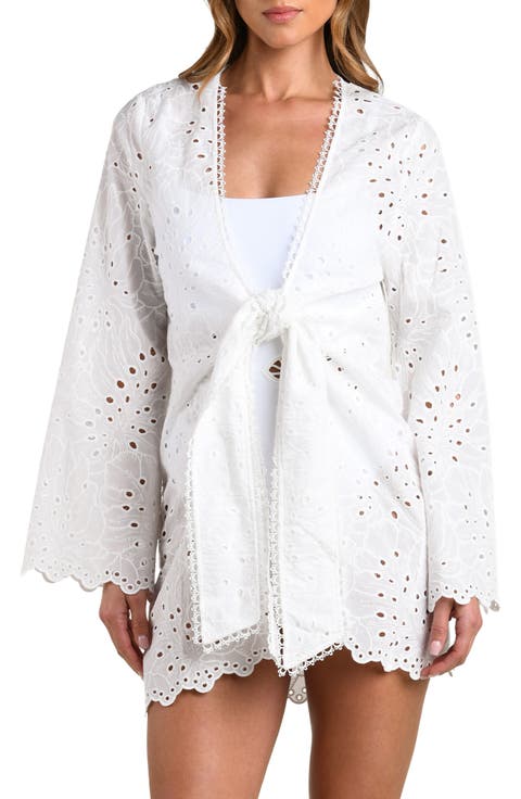 Monstera Eyelet Cove Long Sleeve Cotton Cover-Up