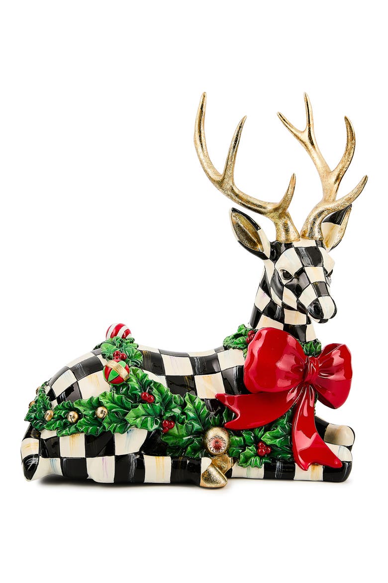 Holly Check Resting Deer Figurine, Main, color, BLACK