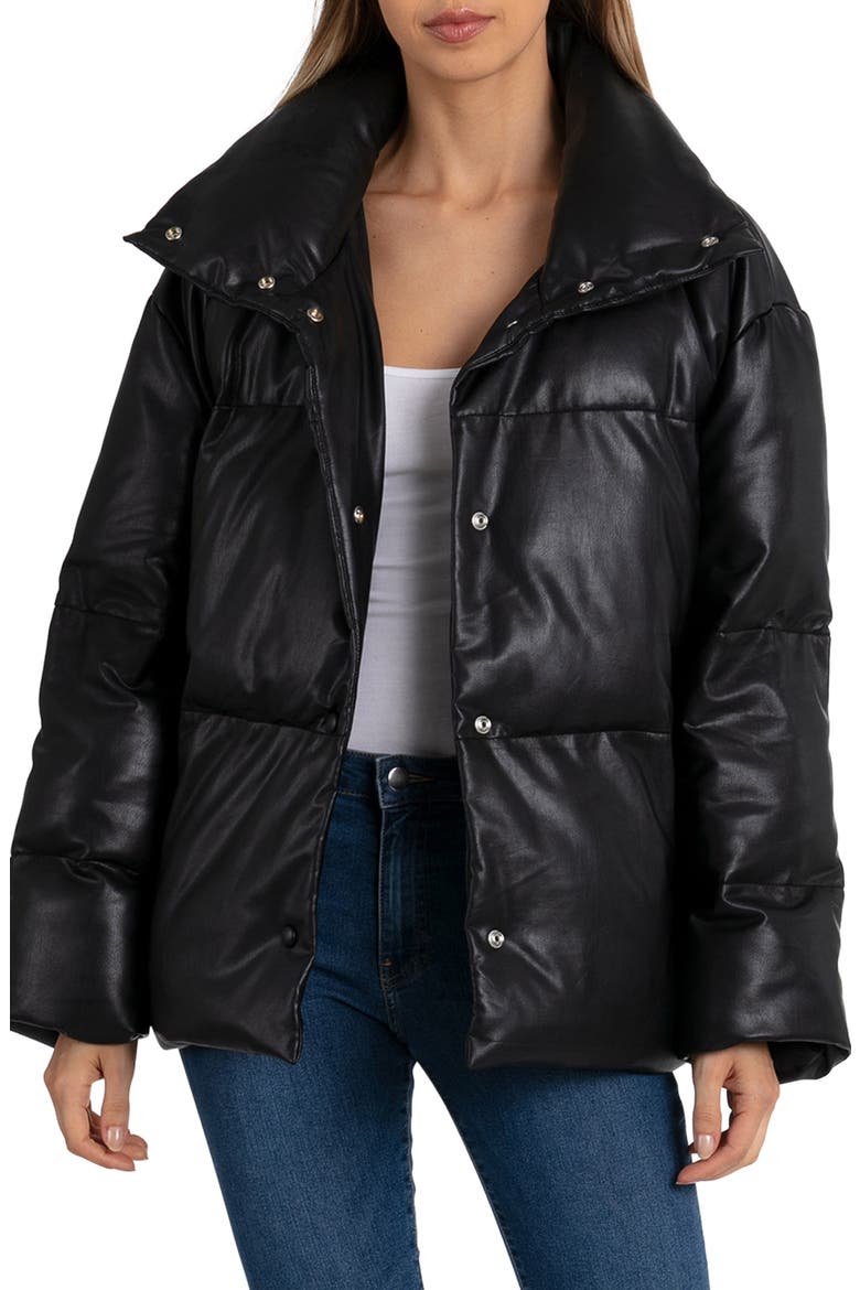Faux Leather Puffer Jacket, Main, color, BLACK