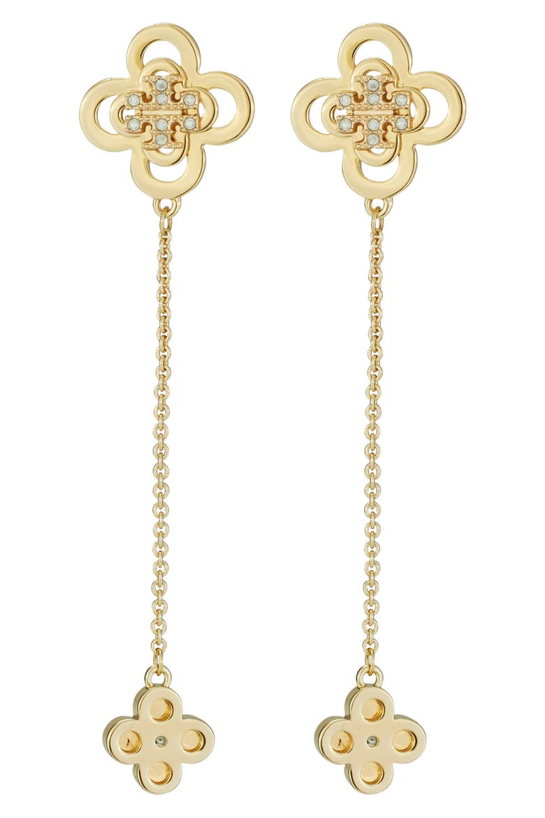 Kira Clover Front/Back Drop Earrings, Main, color, TORY GOLD / CRYSTAL